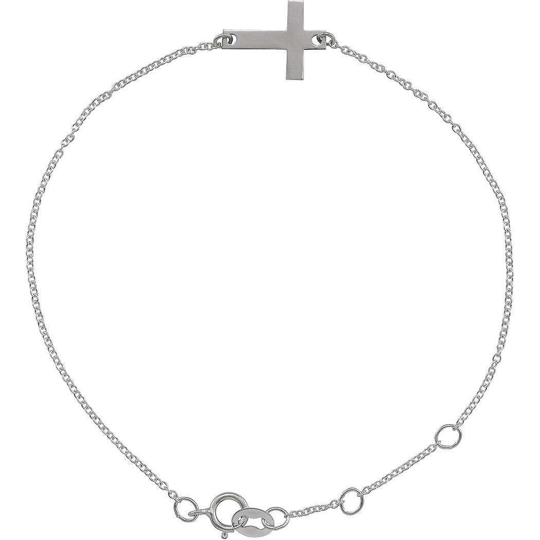 14Kホワイトゴールド彫刻なしポリッシュプチ横向き宗教信仰クロスブレスレットリンクブレスレット女性用ブレスレット