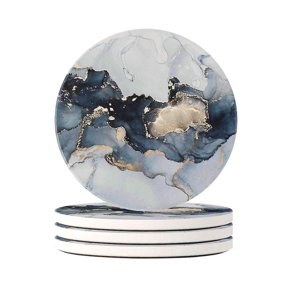 4 Piece Round Drink Coasters - Absorbent Stone Coaster Set with Cork Base