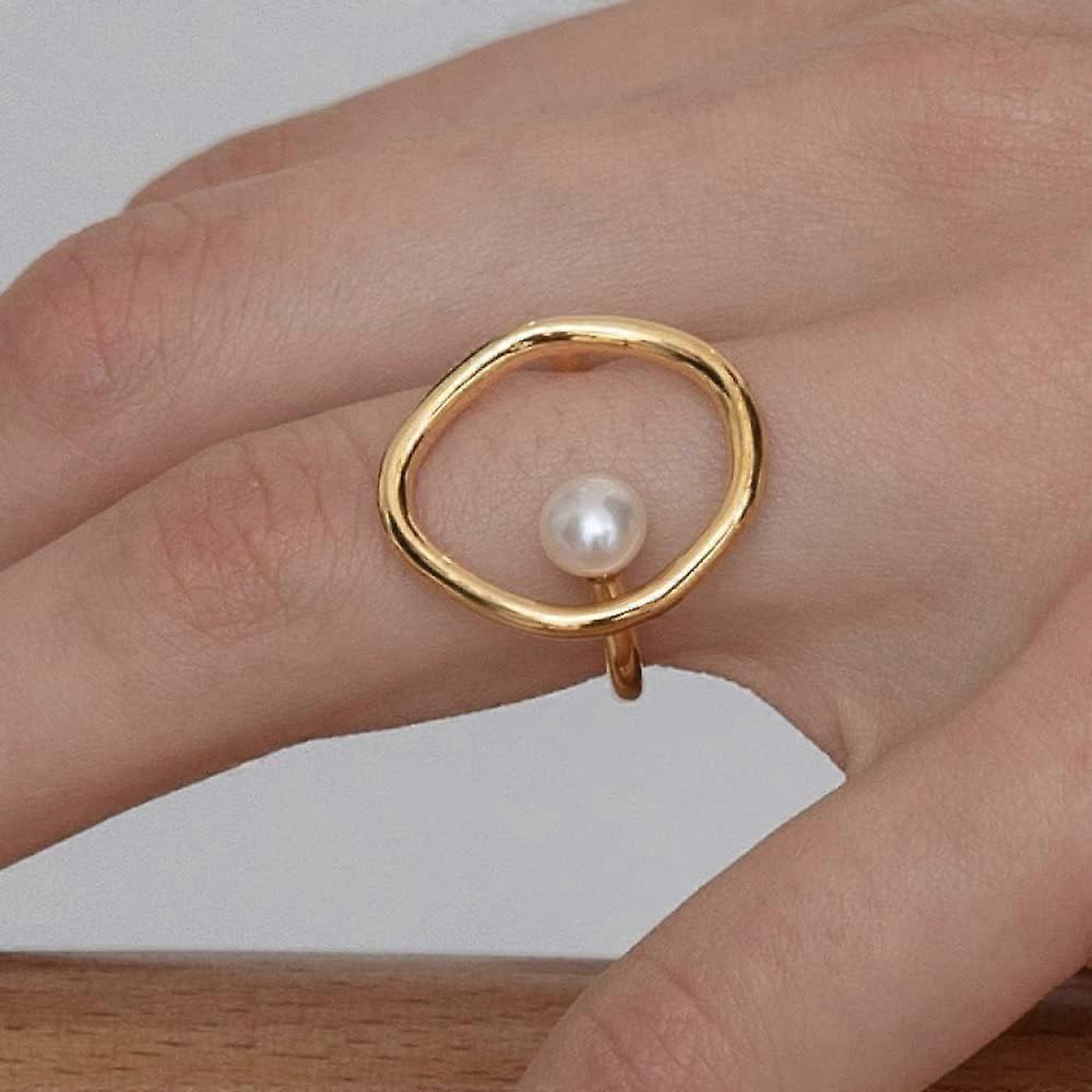 Silver ring, adjustable ring with geometric cutout and pearl