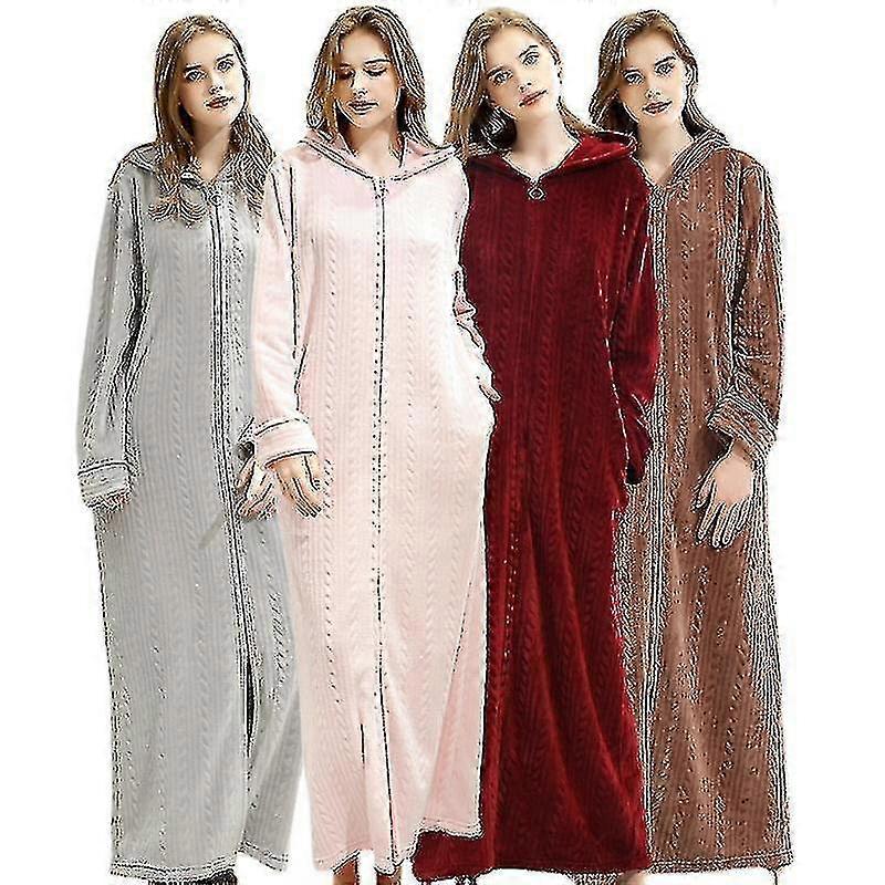 Ladies Hooded Dressing Gown Bath Robe Warm Soft Womens Fleece Zip Up Long Robes