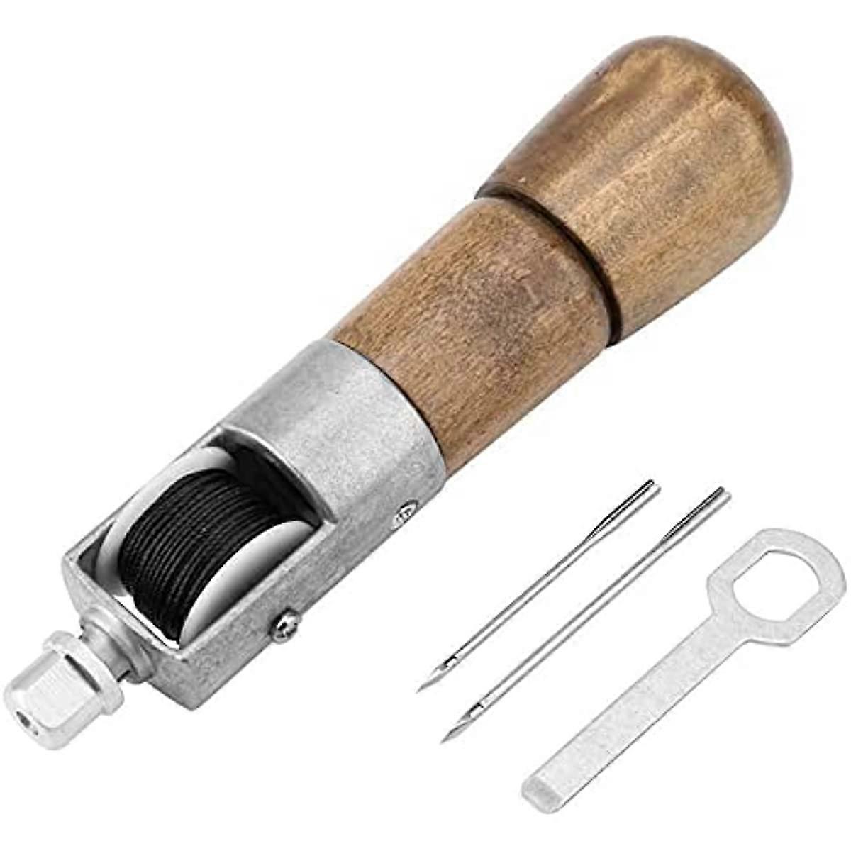 Leather Stitching Craft Tools Kit Automatic Lock Sewing Awl Wrench 2 Needles Black Thread