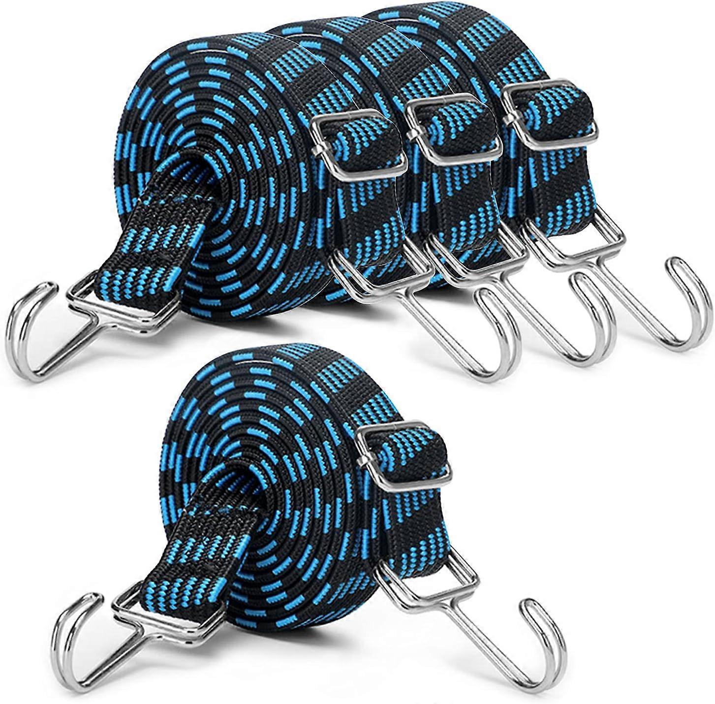 2M Long Bungee Cords with Hooks, 4 Pack Adjustable Flat Elasticity Rope Set (Blue)