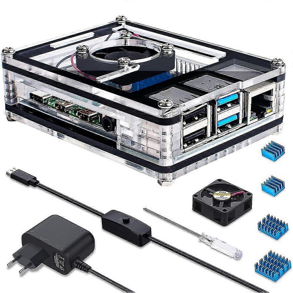 Case for 4/4B with Fan Cooling, 4 x Aluminium Heatsink, 5V 3A USB-C Power Supply with On/Off Switch