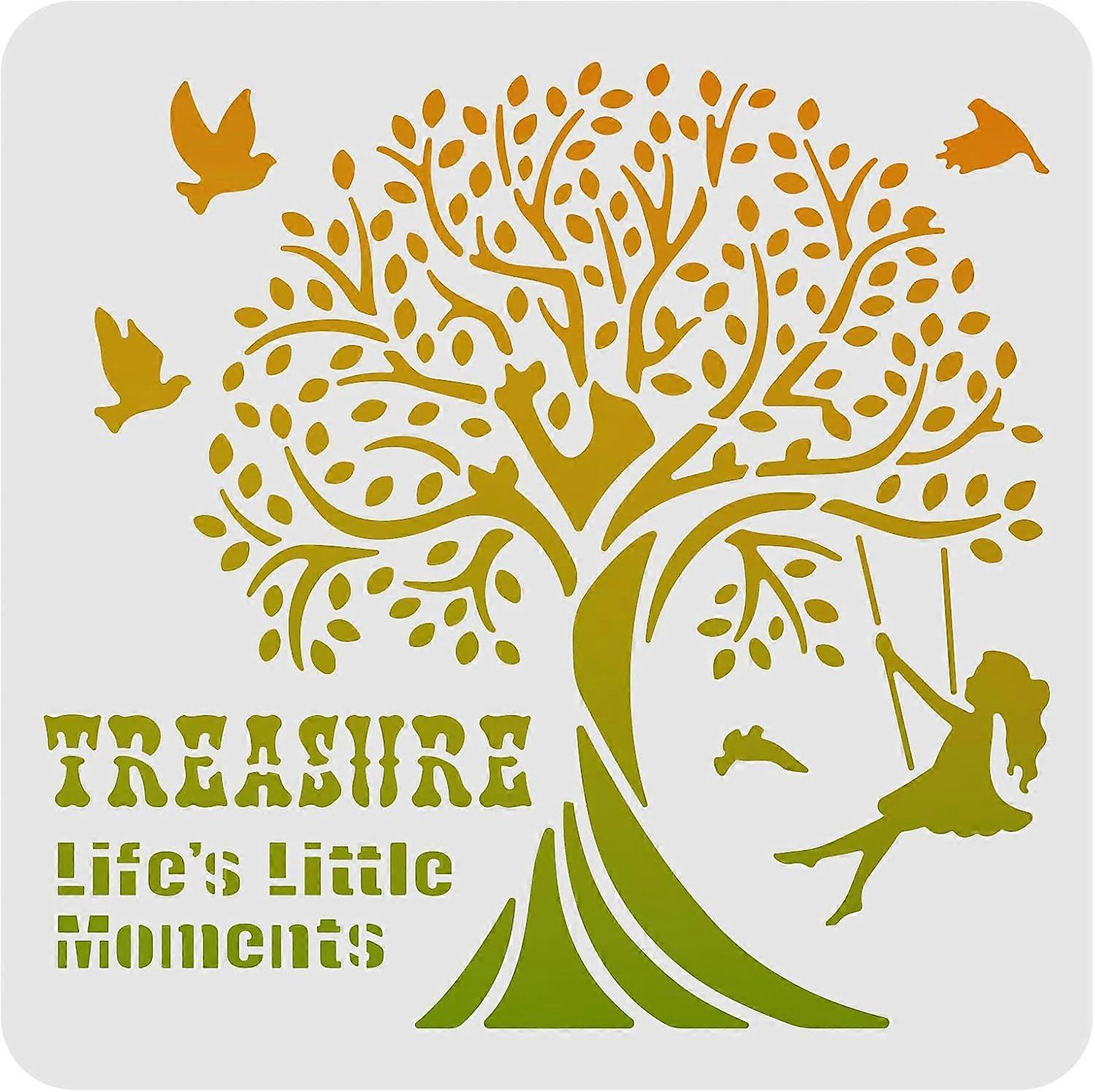 Tree of Life Stencils Decoration Template 11.8x11.8inch Plastic Bird Swing Drawing Painting Stencils Square Reusable Stencils for Painting on Wood Flo