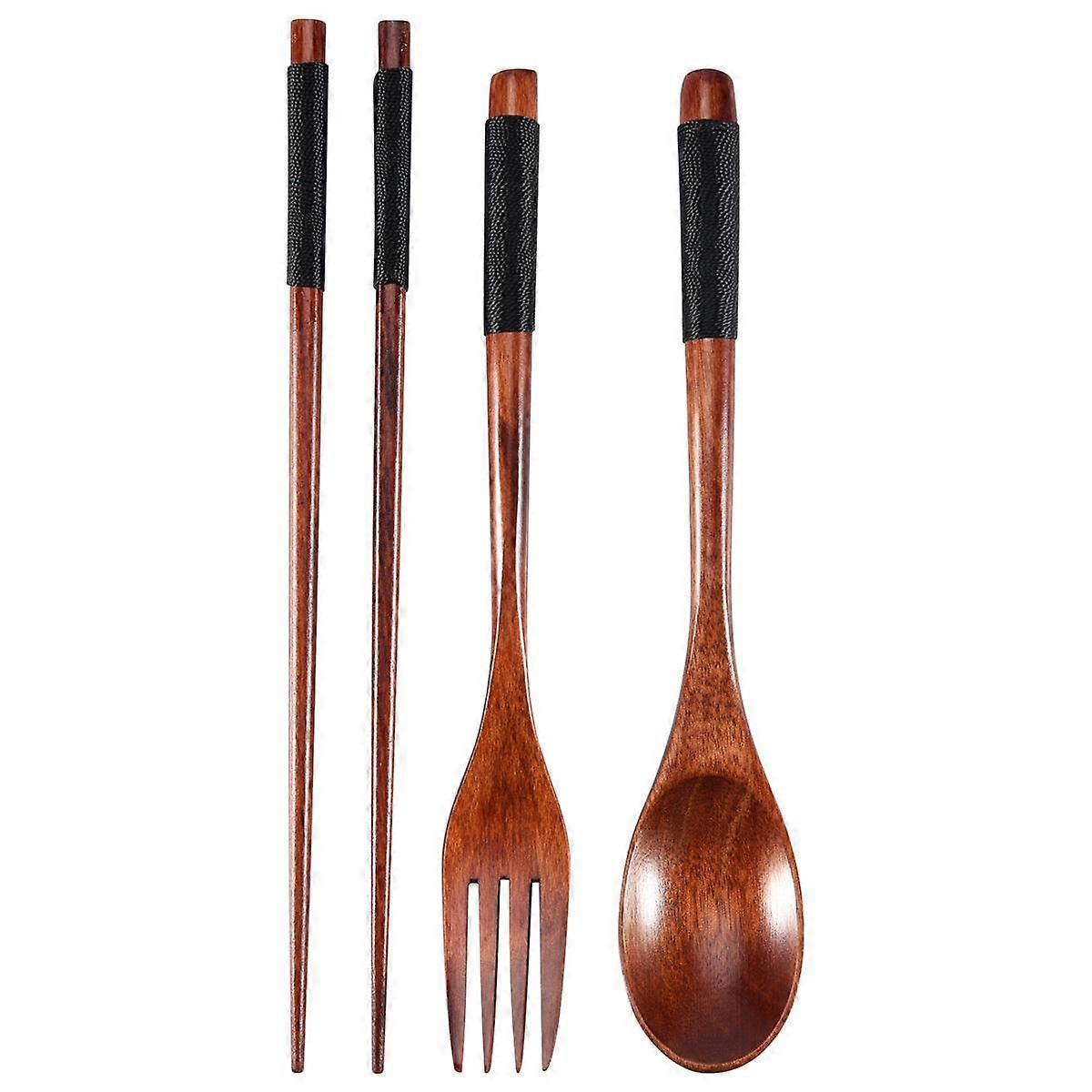 Wooden Flatware Set, Wooden Portable Set Chopsticks Spoon Fork Tableware Dinnerware with Black Twining Thread
