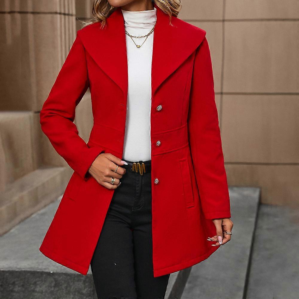 Women's Mid-Length Shawl Collar Single-Breasted Wool Coat with Oversized Lapel