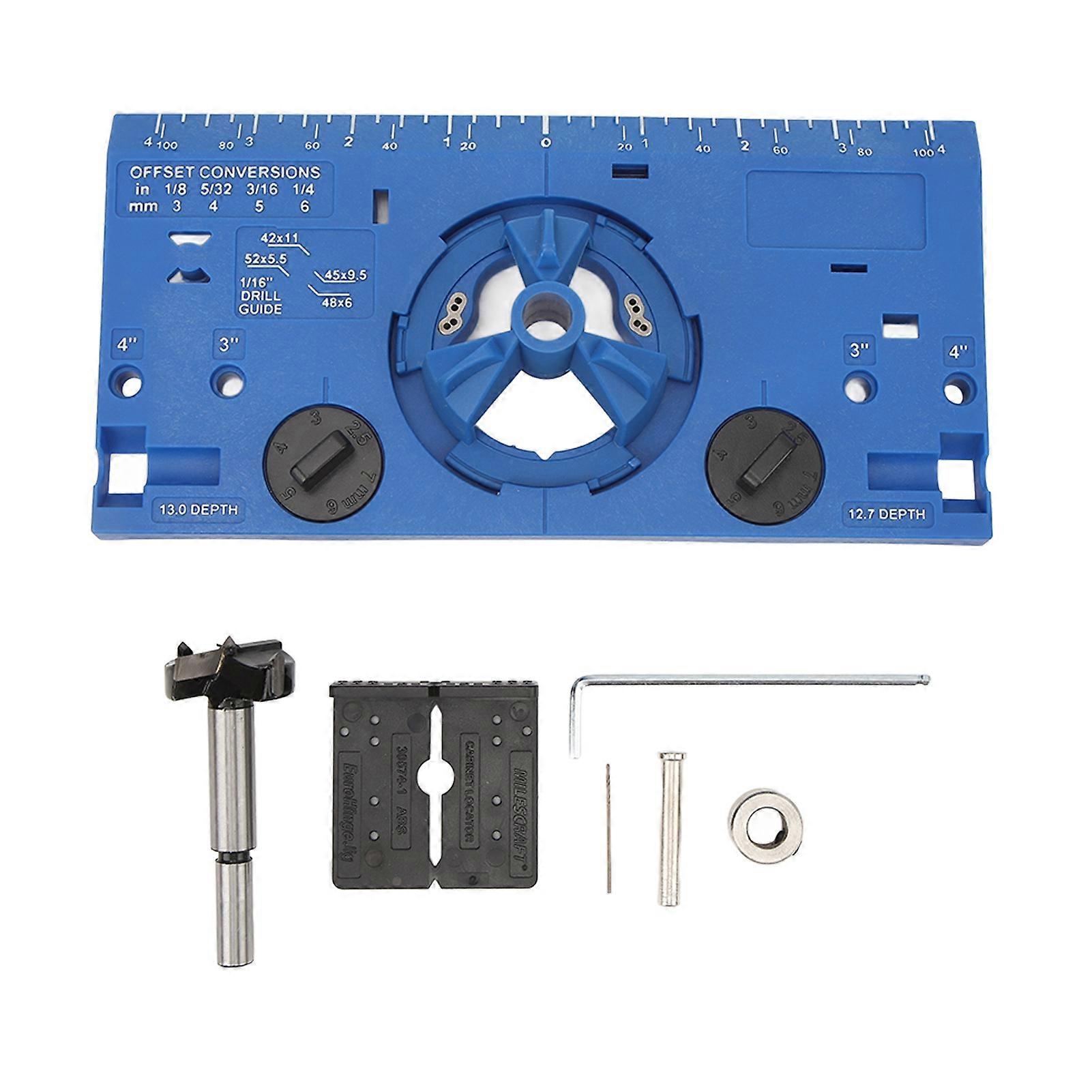 35mm Hinge Boring Jig Woodworking Hinge Hole Drilling Guide Locator with Cutter and 1/16in Bit