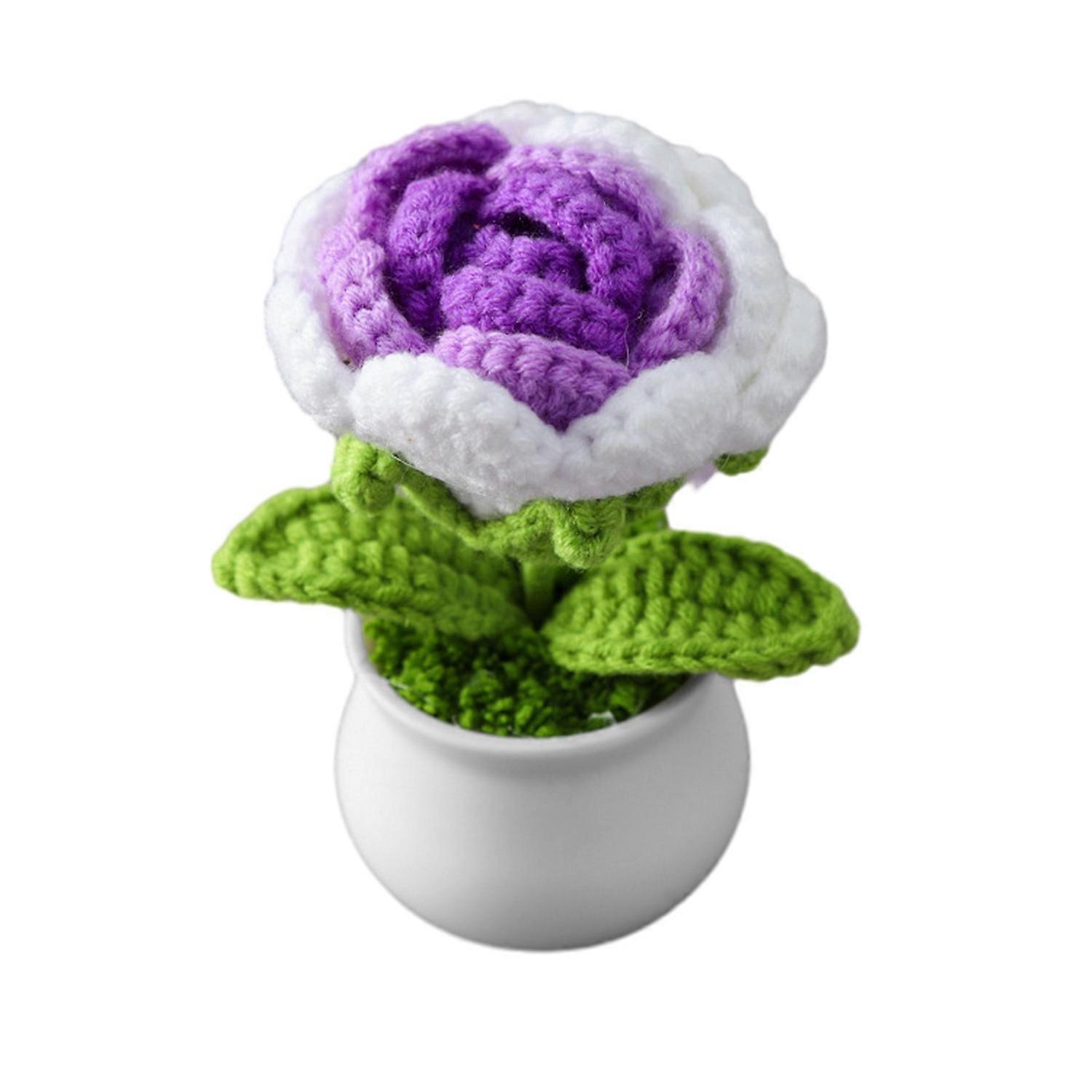 Cute Style DIY Handwoven Simulation Pot Knitting Rose Flower Potted Plants Thread Crochet Knitted