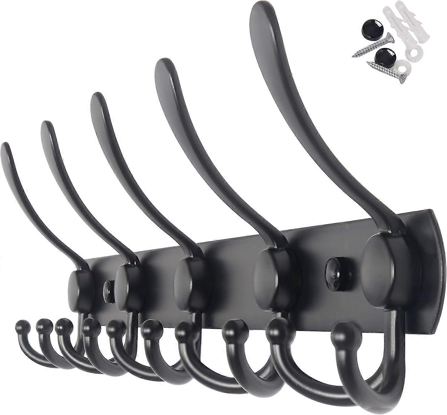 Wall mounted black coat rack, 5 triple hooks for hanging coats
