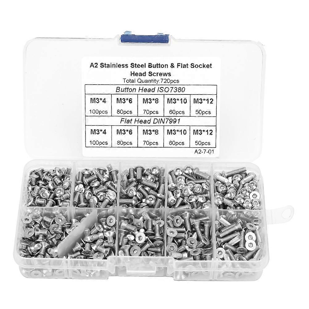 720pcs M3 Stainless Steel Button & Flat Head Hex Socket Bolts Screw Assortment Kit