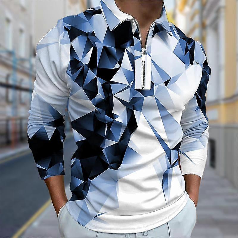 Poloshirts Herren Langarm Broken Blocks Print Neu Herren Poloshirt Langarm Reißverschluss T-Shirt Top