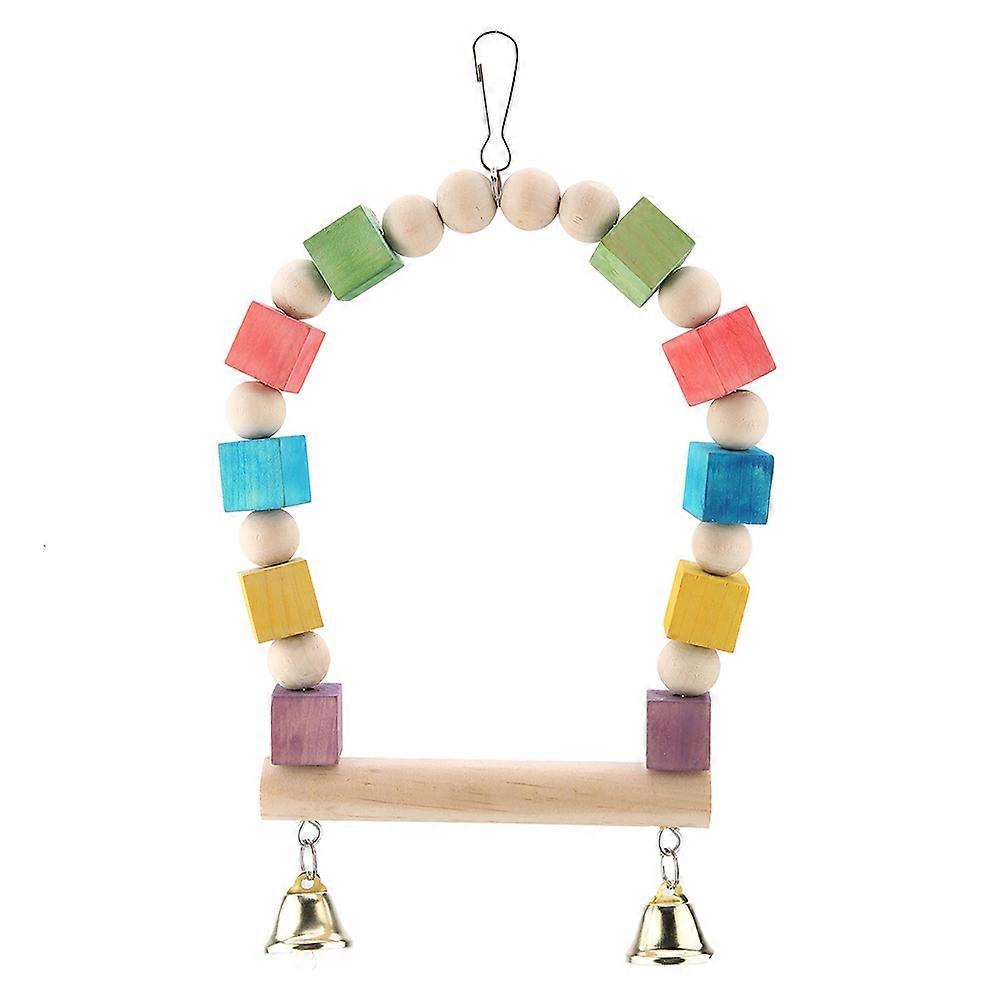 Bird Parrot Wooden Cage Hammock Swing Toy with Bell for Small to Medium Birds, Hanging Stand Pet Accessory