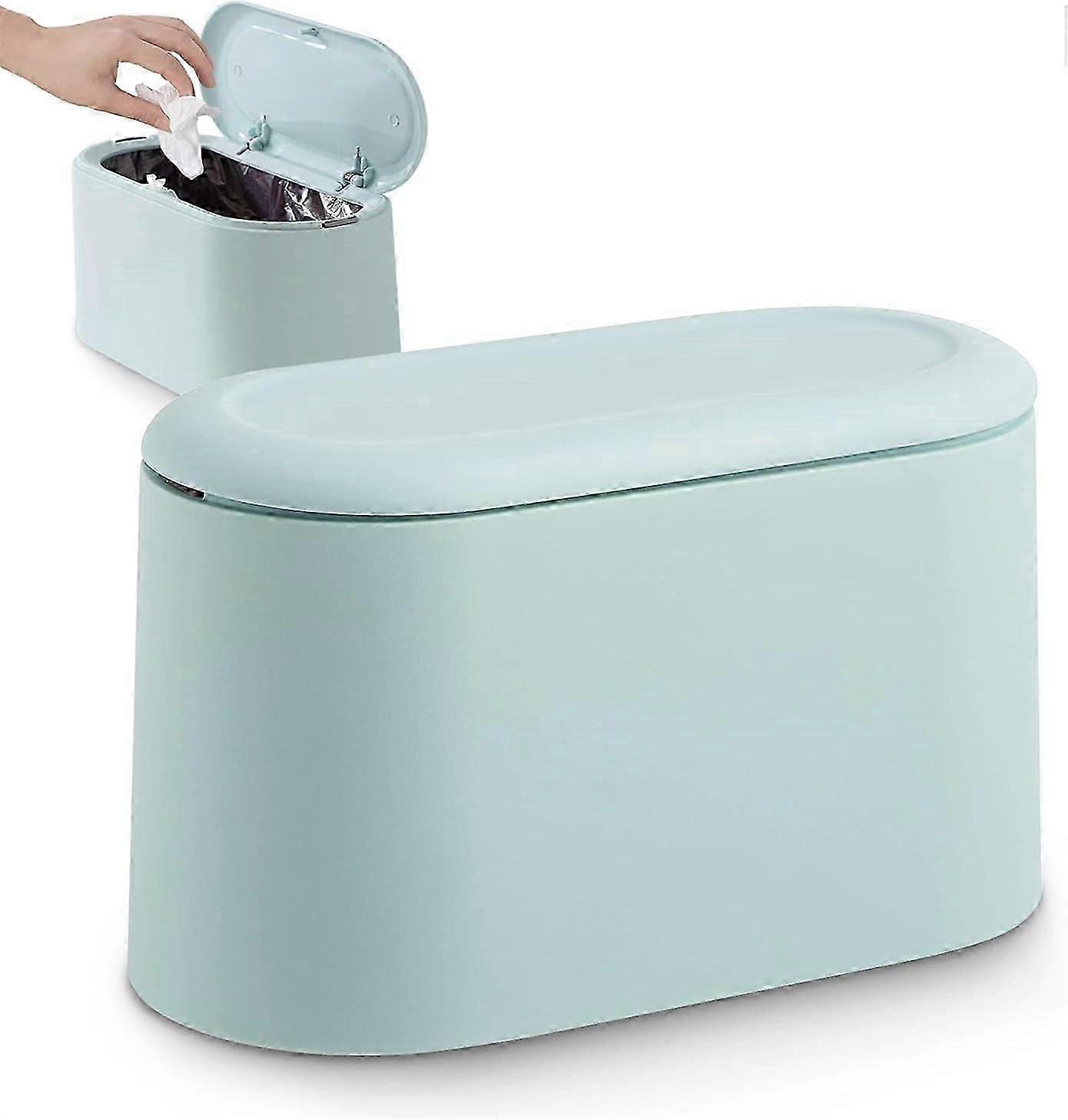 Small Push Button Lid Trash Can - Office Bathroom Kitchen Light Blue