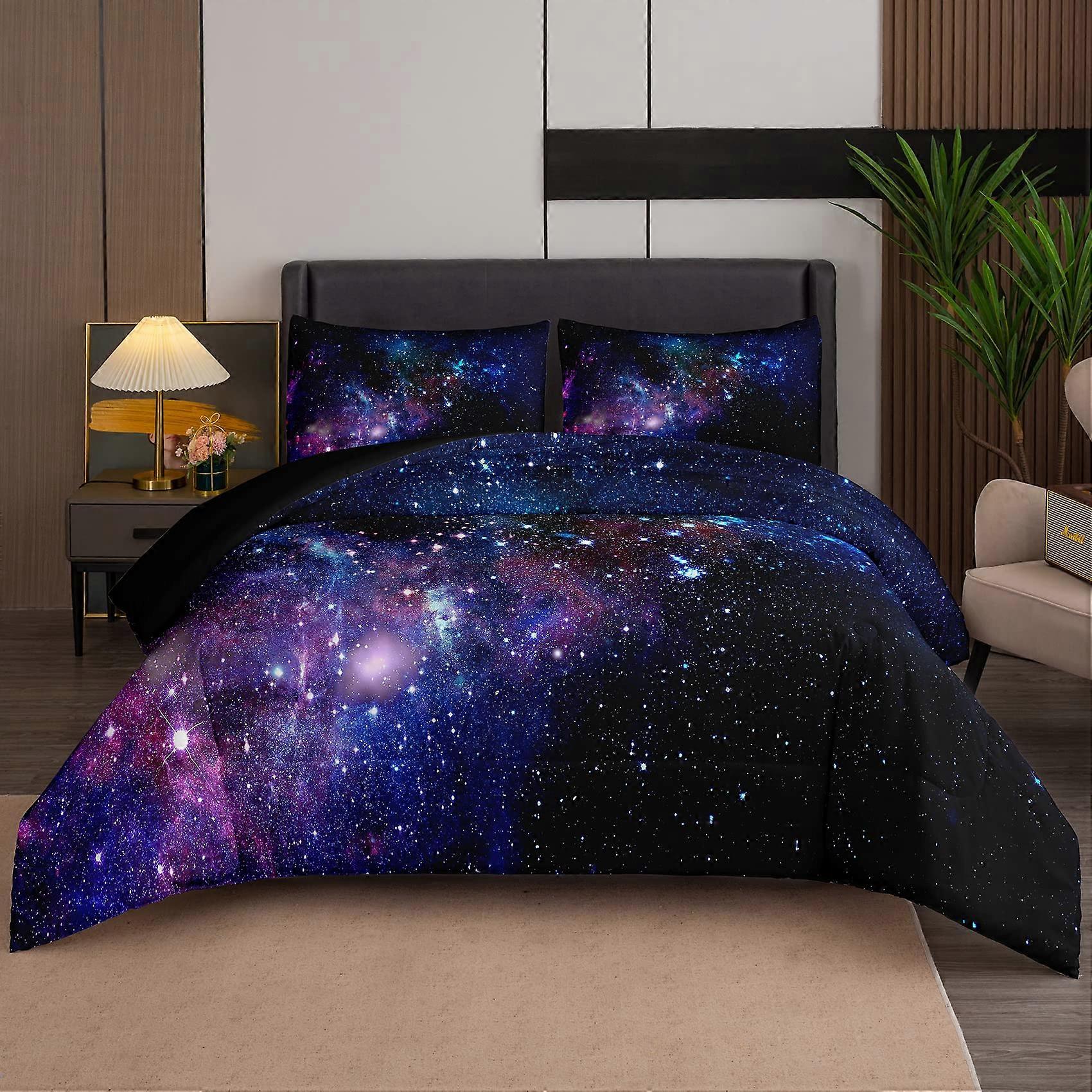 Queen Size Comforter Set Galaxy Universe Outer Space Blue and Purple Starry Sky Night Pattern for Kids