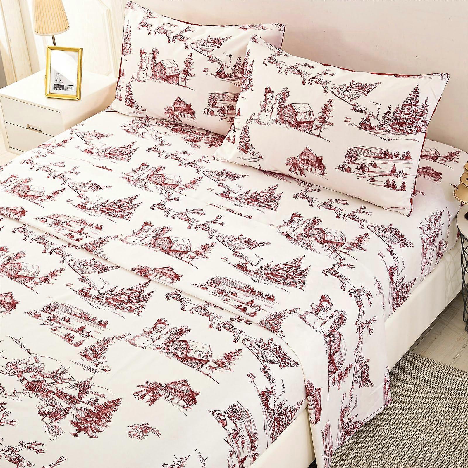 4 Piece Soft Microfiber Sheet Set Christmas Deer and Tree Bed Sheet Deep Pocket Bedding Sheets King Size