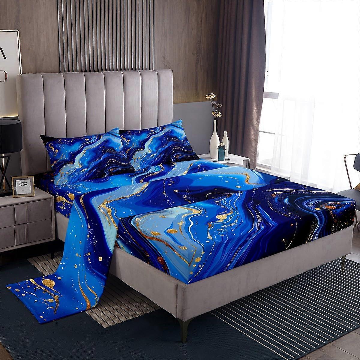 Navy Marbling Queen Sheets-Blue Abstract Artwork Sheet Set, Metallic Foil Print Bedding, Breathable 4-Piece Queen Set