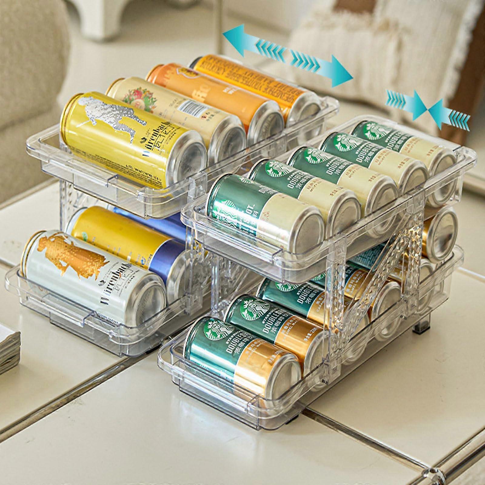 Refrigerator Storage Containers, Adjustable Width Rolling Soda Dispenser & Rack for Cans, Clear Plastic 2 Pack