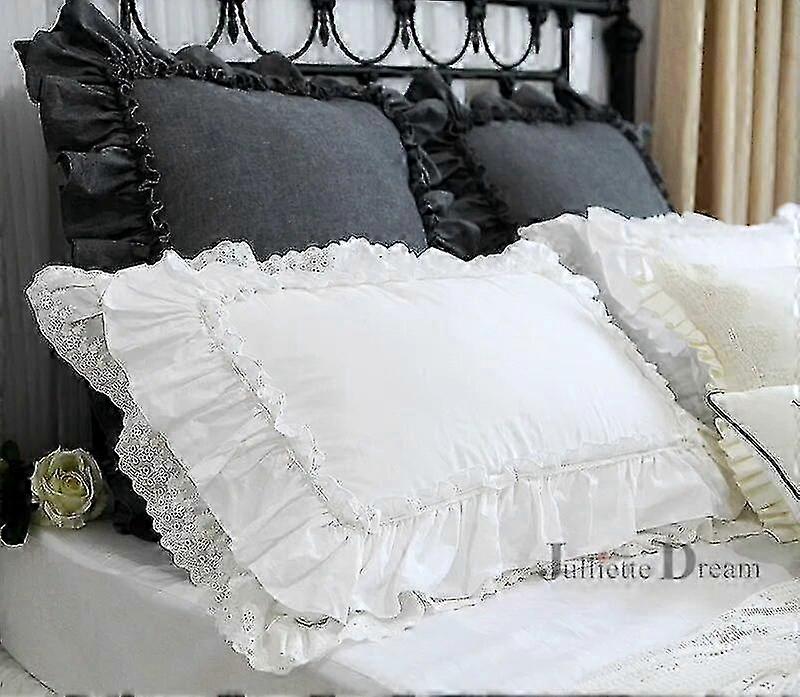 Princess White Double-Layer Lace Dekorativt örngott med volang bomull sängkläder för höstsäsongen