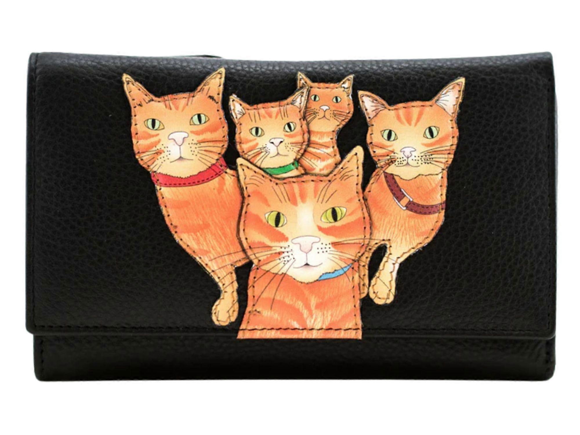 Mala Leather Kitty Crew Cats RFID Large Trifold Ginger Cat Kitten Purse (Black)