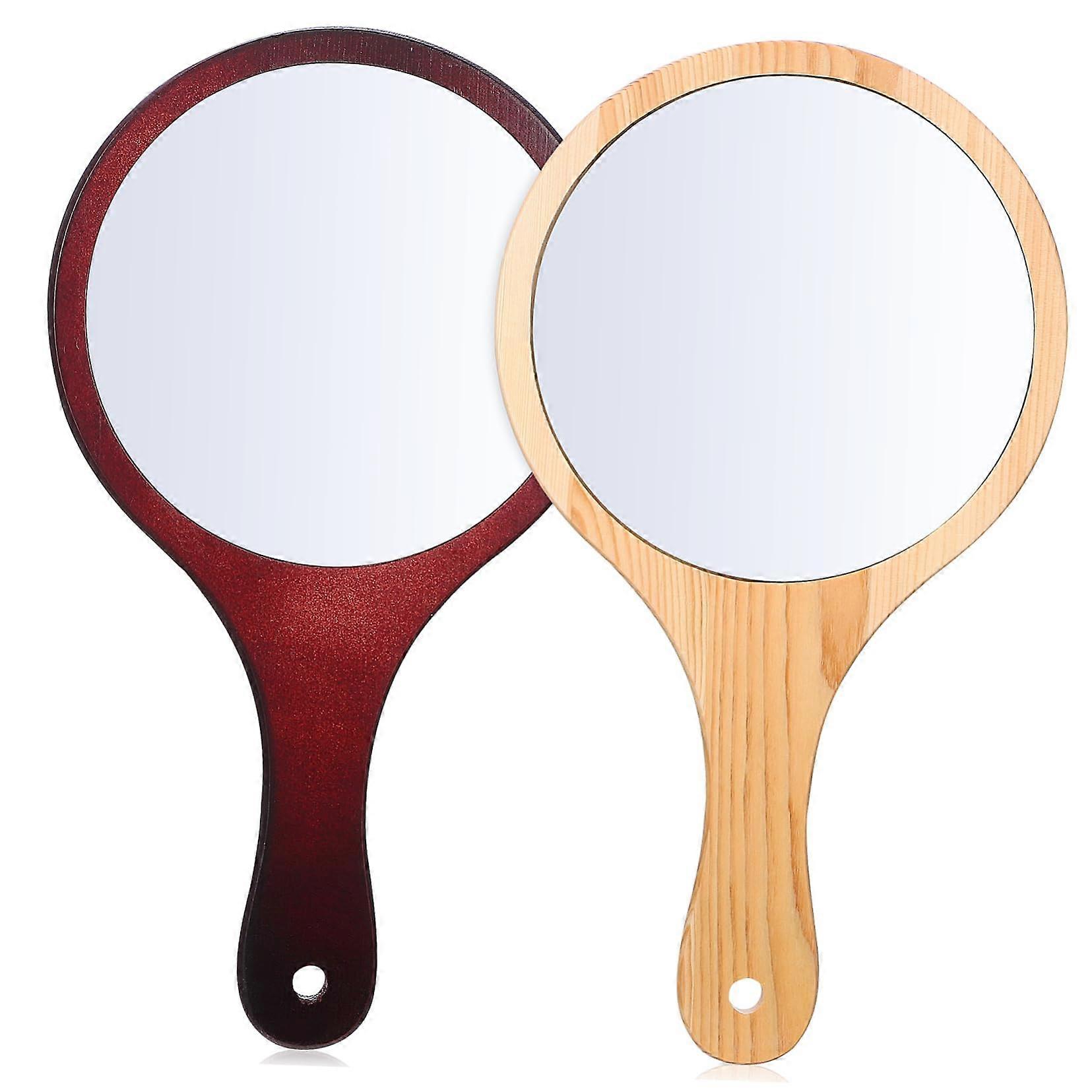 Large Round Hand Mirror with Wooden Handle, Ergonomic Handheld Makeup Mirror for Women, Travel Salon Mirror, 2-Pack