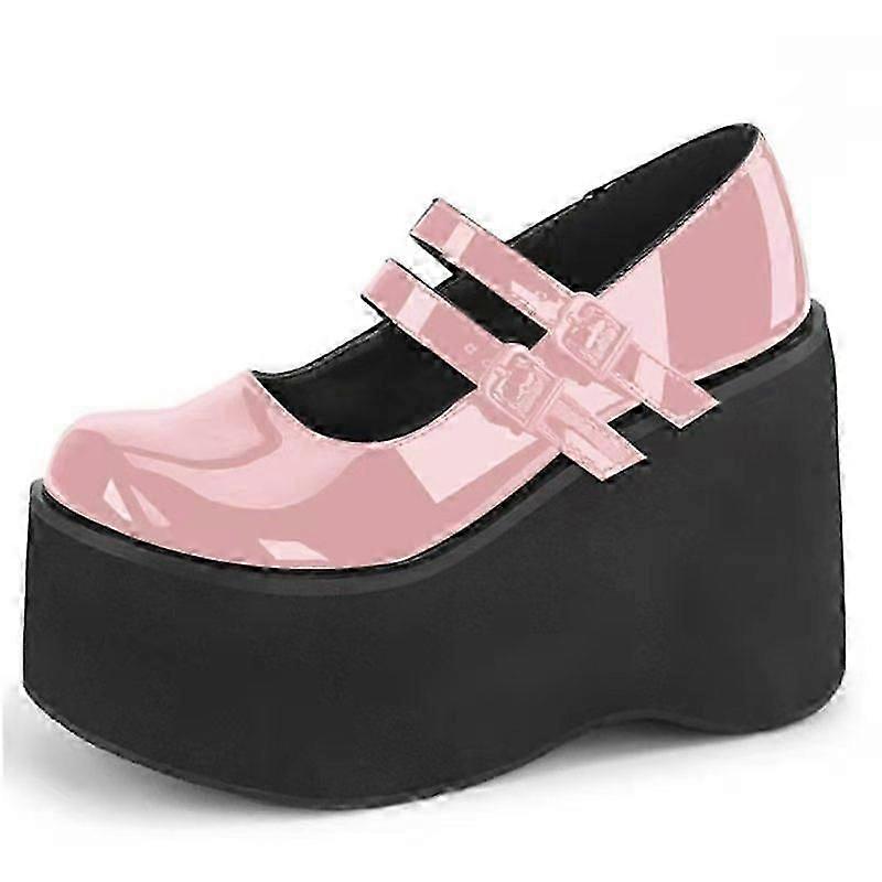 Vintage Round Toe Patent Leather Plus-size 43 Mary Jane Shoes Muffin Bottom Wedge Patent Leather Shallow Women's Shoes