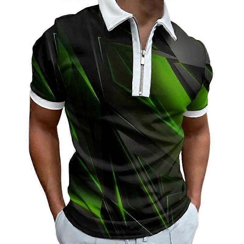 Camiseta casual com lapela, camiseta com zíper para jovens, camiseta de manga curta masculina com estampa 3D em vermelho escuro.