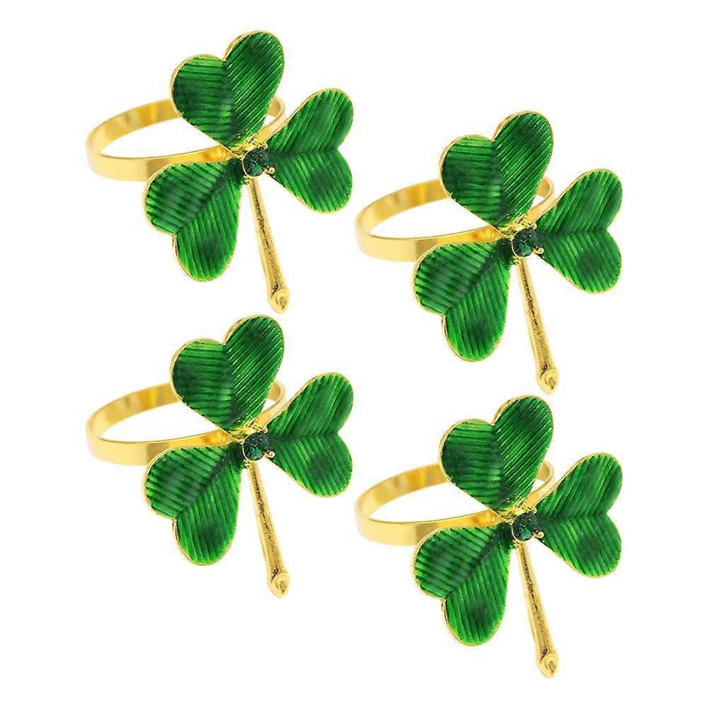 Rhinestone Adorned Shamrock Napkin Rings Green Metal Family Dinner 4Pcs