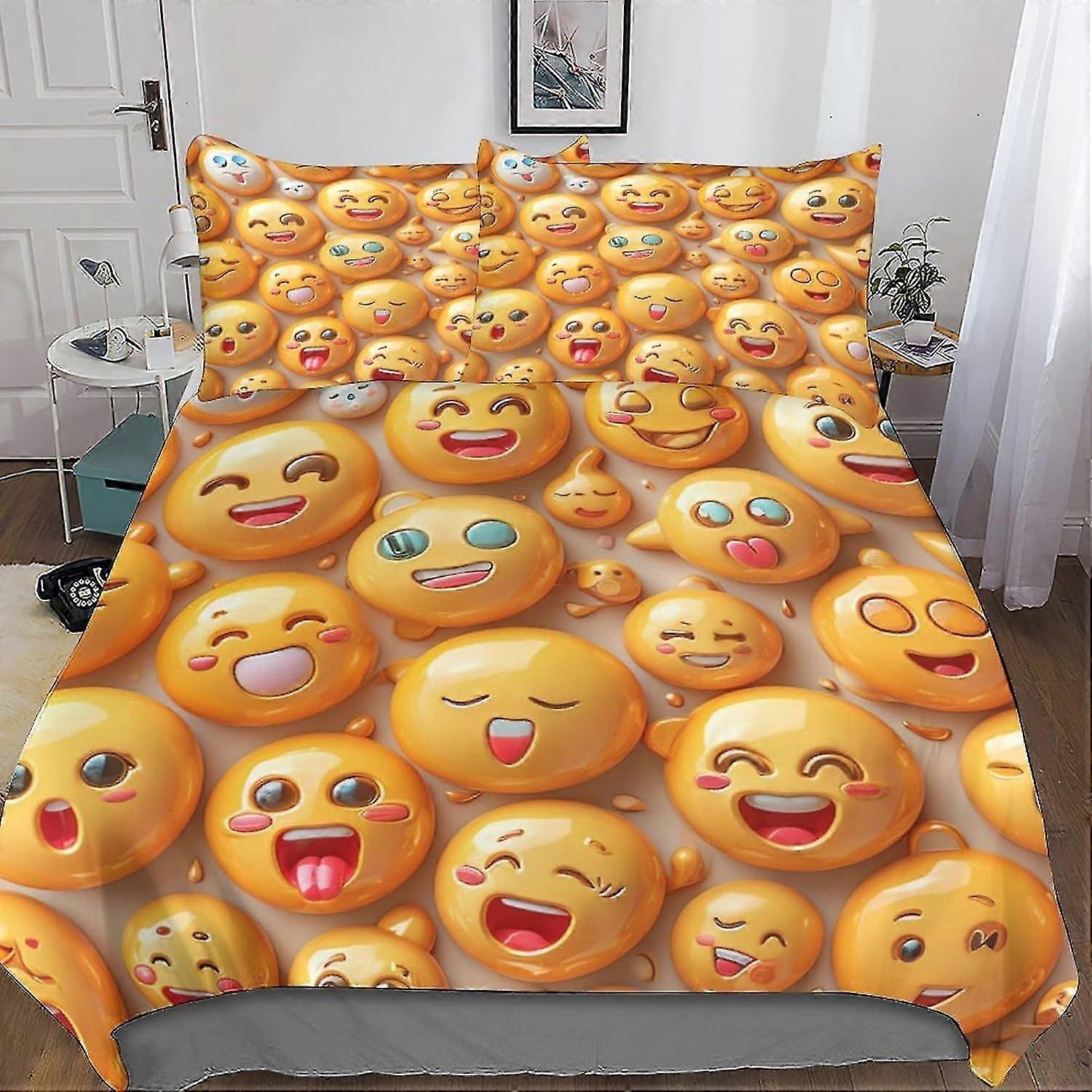 Smile Shape Doodle 3D Print Quilt Cover 3 Pieces Cartoon Duvet Cover Bedding Set with Microfiber and Hidden Zipper Closure with Pillowcases
