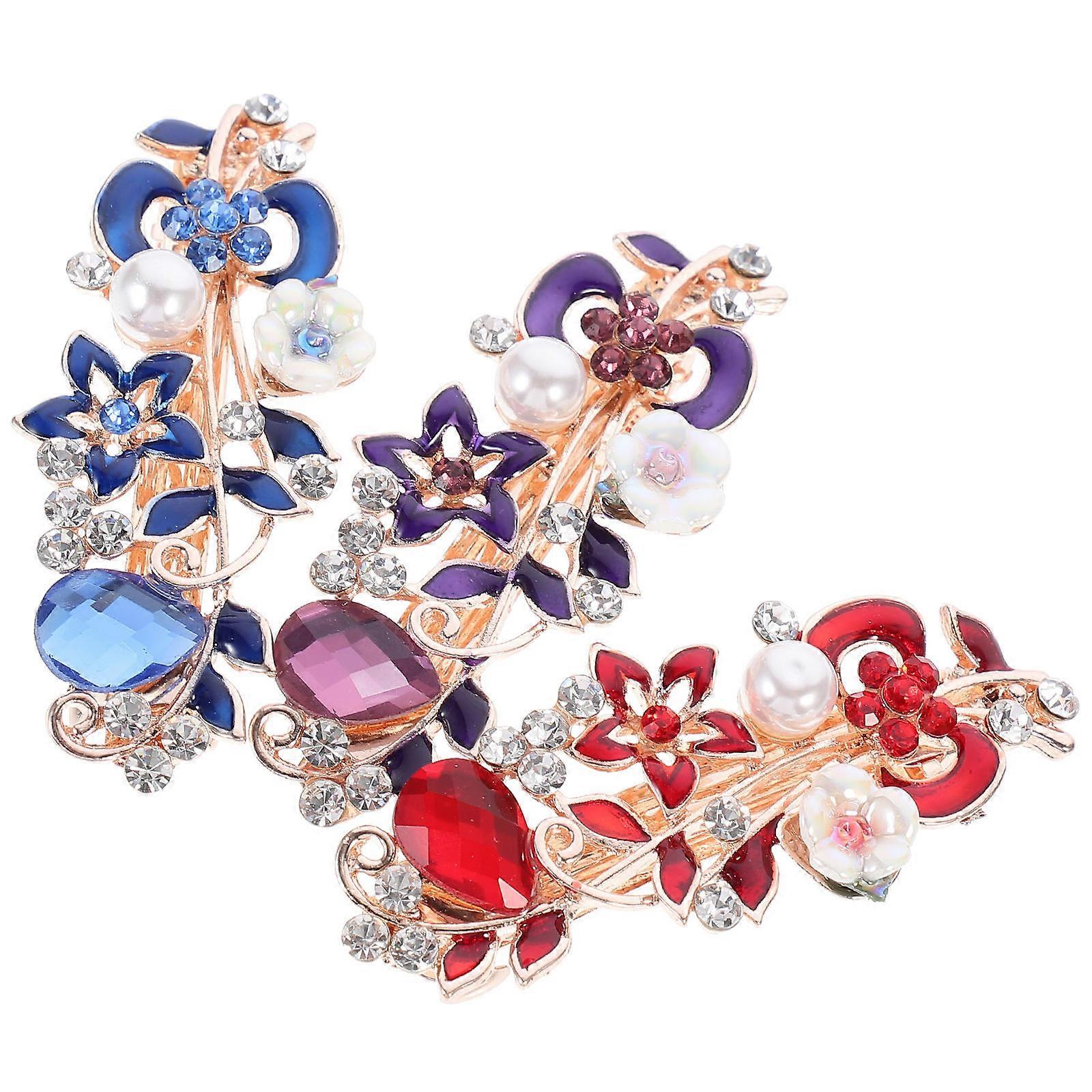 女性用3個のクリスマスラインストーンパールヘアクリップ赤、青、紫のスタイリッシュなバレッタパーティー&特別な日のヘアアクセサリー