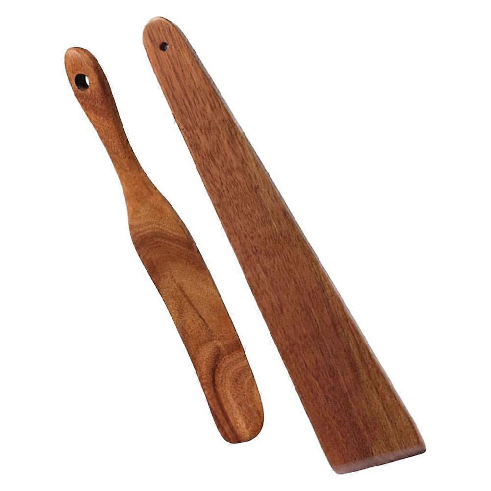 Wooden Turner for Kitchen Cookware Multifunctional Long Handle Flat Frying Spatula Brown 2Pcs