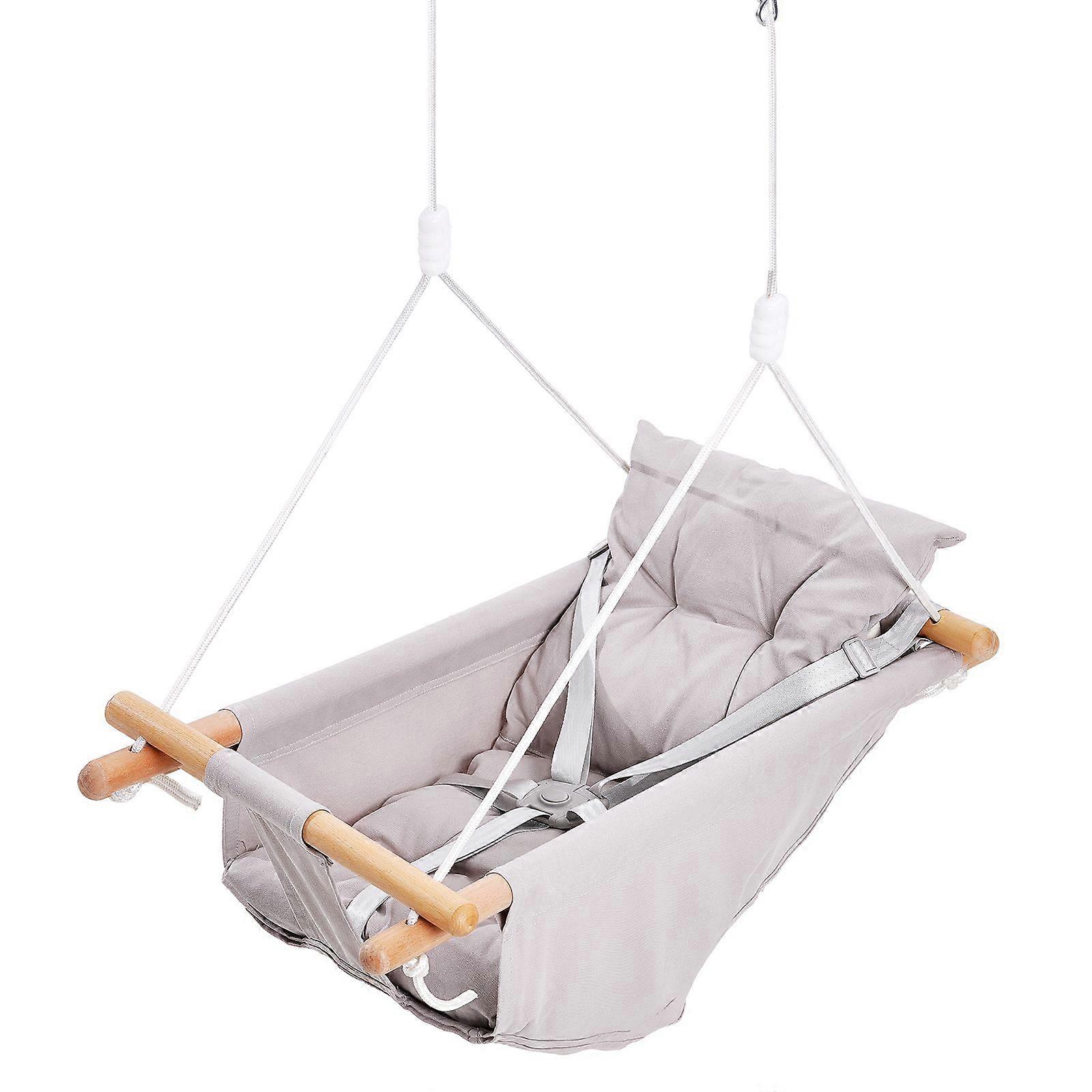 Canvas Hammock Swing,  with 5-Point Harness,  and Tree Straps, 150lbs Weight Capacity, Wooden Hanging Swing Seat for Baby to Toddler