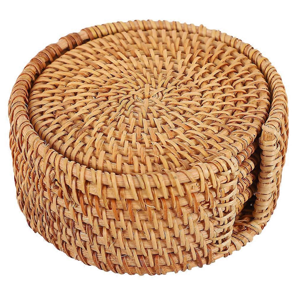 Rattan Coaster Set with Holder Light Brown Drink Coasters for Home Use 1 Set