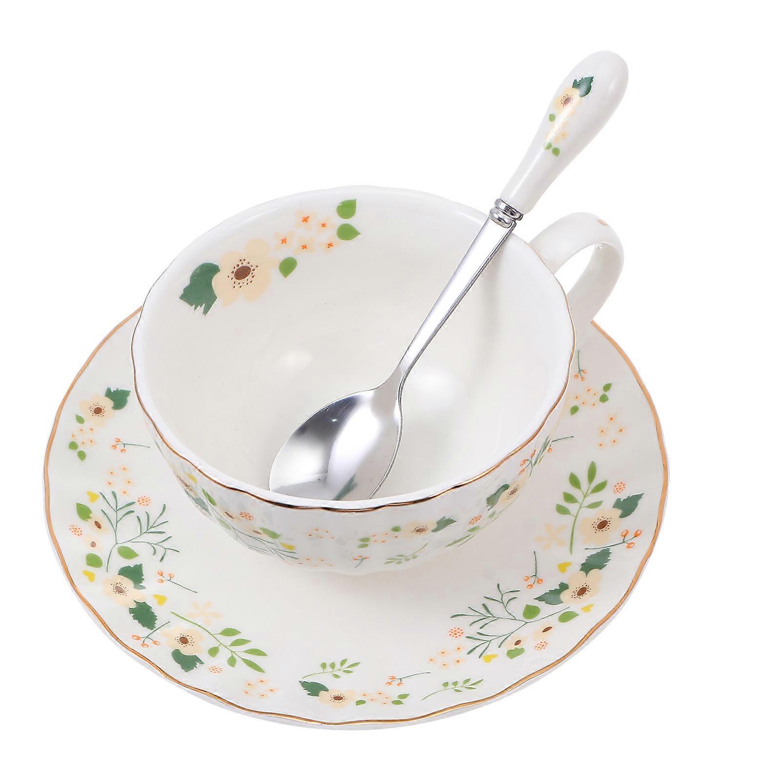 Stylish Round Ceramic Cup Set With Spoon And Plate For Enjoying Beverages At Home 1 Set