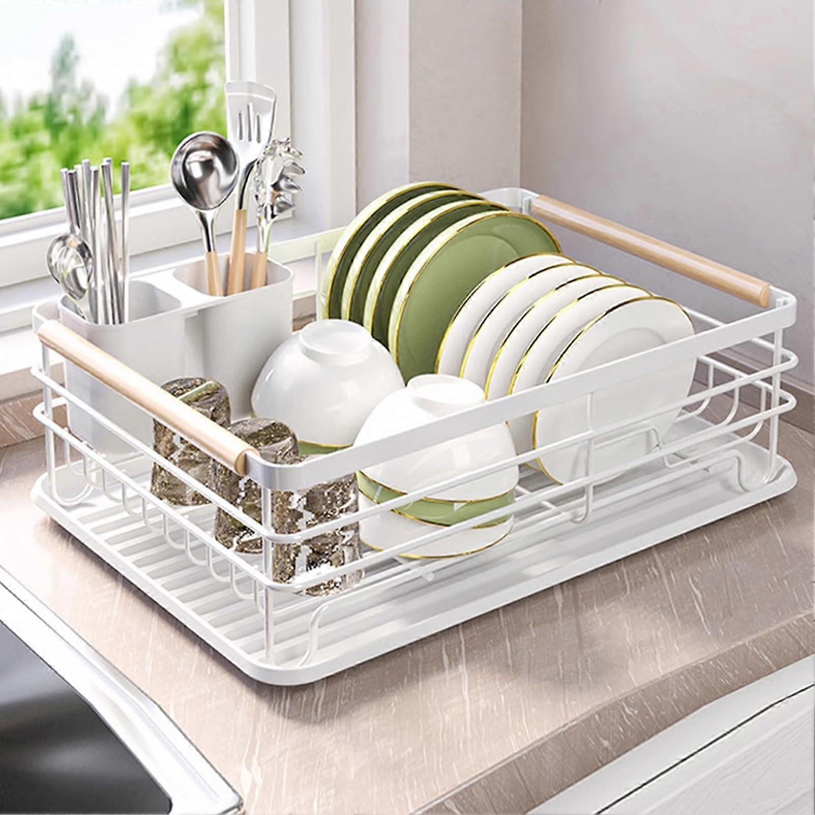 White Dish Drainer Rack with Removable Drip Tray and Cutlery Holder