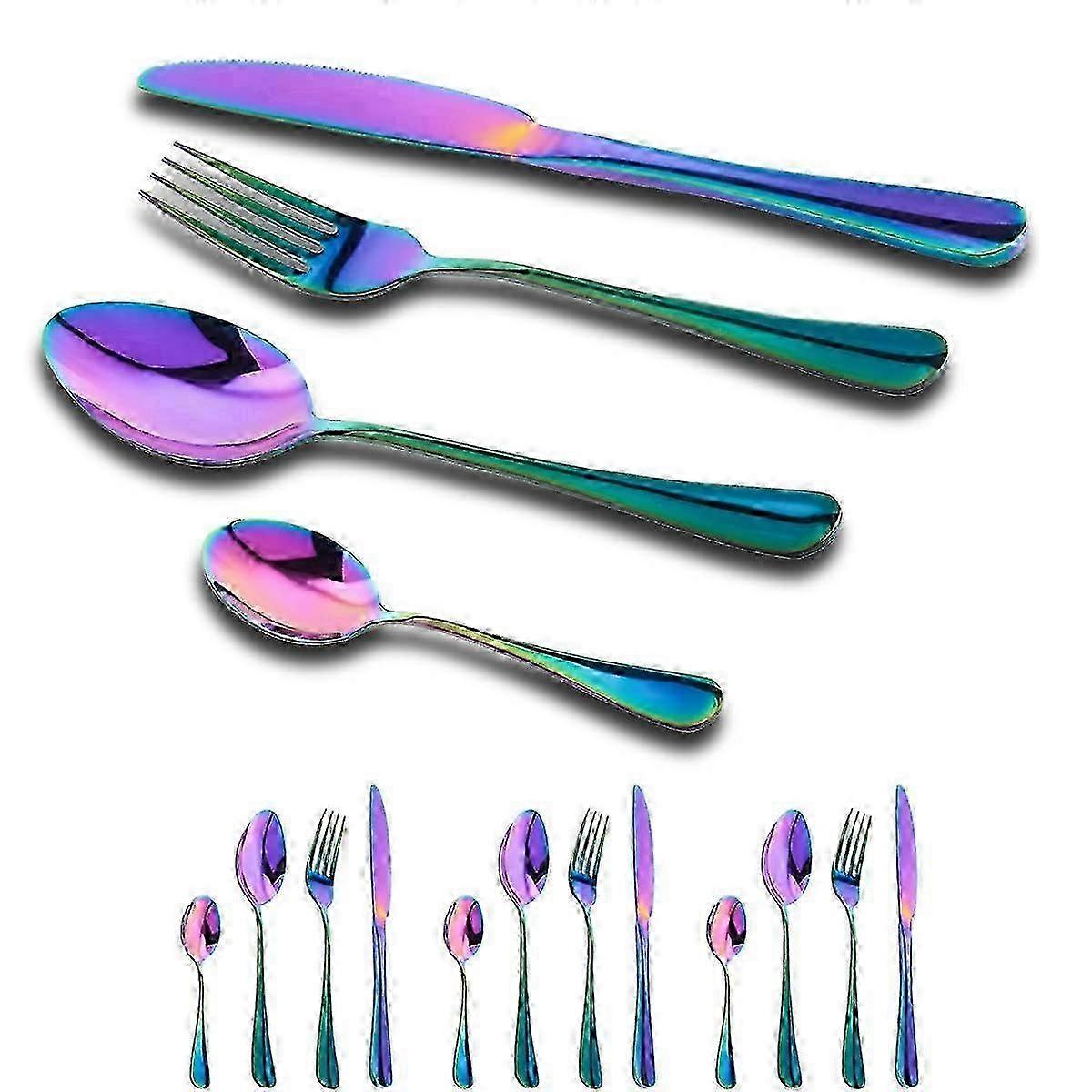 Set di posate in acciaio inox da 16 pezzi per 4 persone - Stoviglie color arcobaleno con cucchiaio, coltello e forchetta