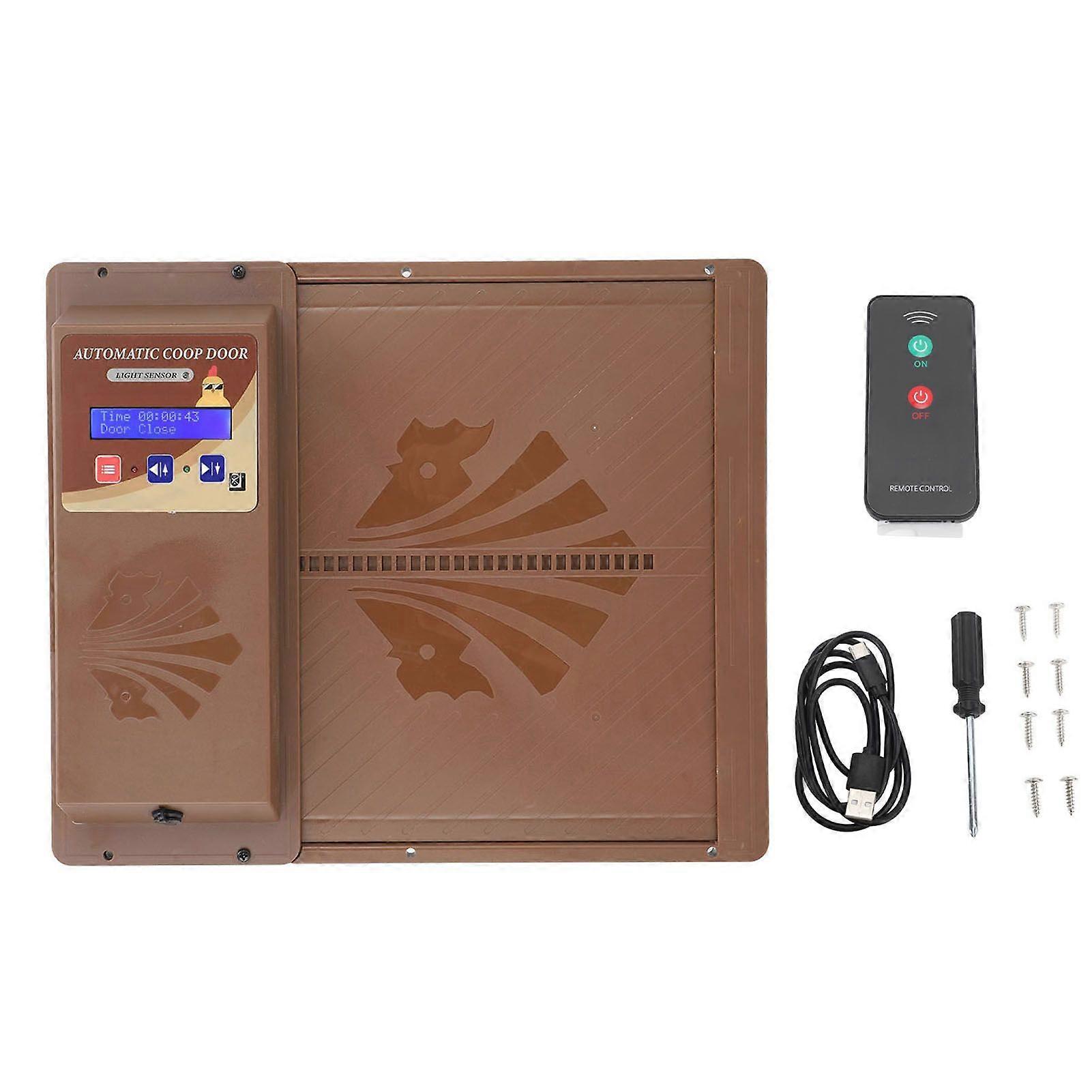 Automatic USB Chicken Coop Door 3 in 1 Light Sensor Remote Control Timing Chicken Coop Door Opener Horizontal Opening Brown
