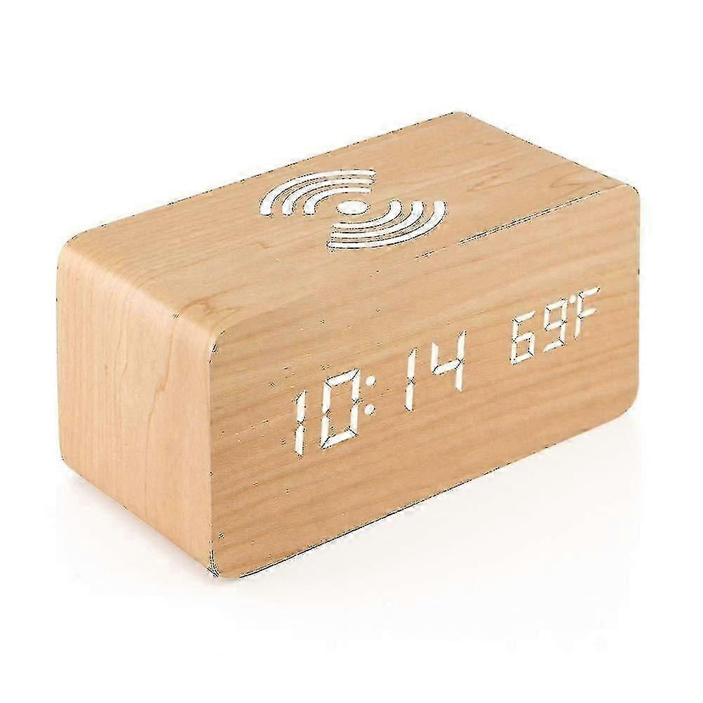 Wooden Digital Alarm Clock With Wireless Charging, 3 Alarms Led Display, Sound Control And Snooze Dual For Bedroom, Bedside, Office