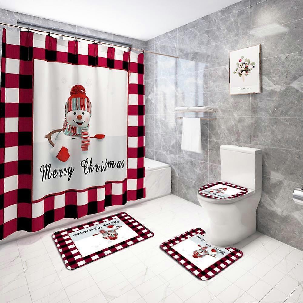 4 Pcs Merry Christmas Shower Curtain Set with Non-Slip Rugs, Bath Mat, Toilet Cover & 12 Hooks, Xmas Tree Snowflake Design