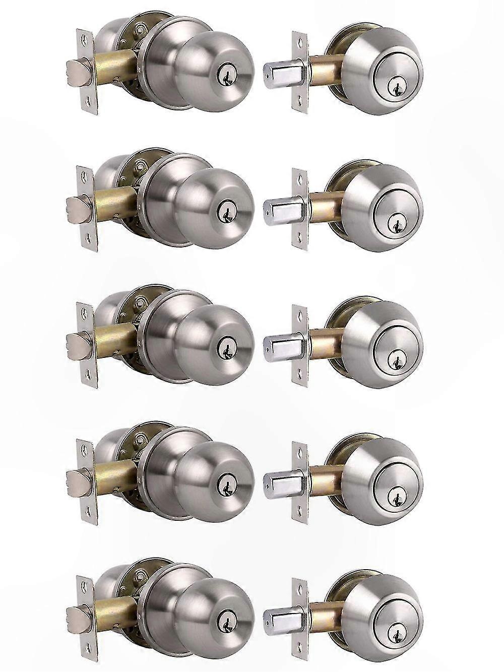 5 Sets Satin Nickel Entry Door Knobs with Single Lever Lock Set, Contractor Pack