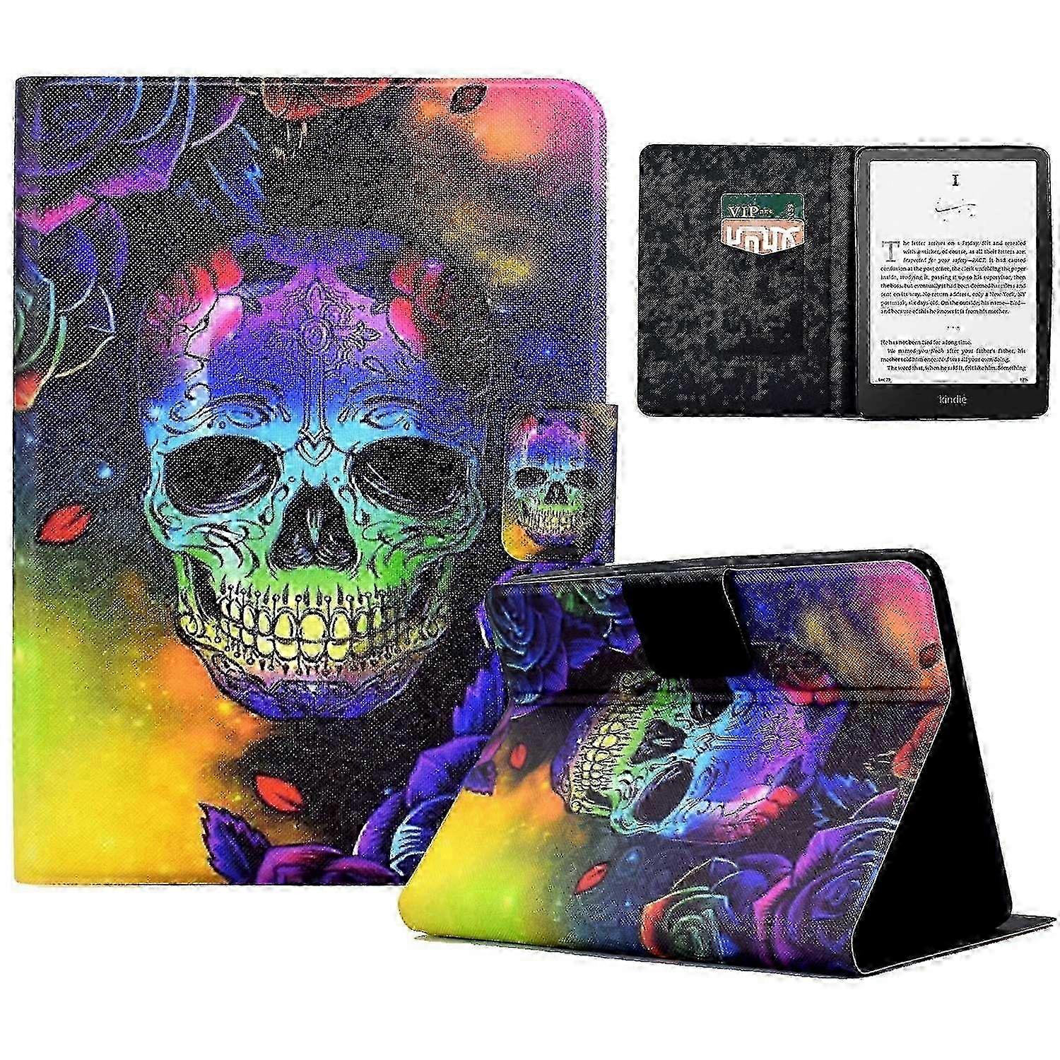 For Amazon Kindle Paperwhite (2024) Case Stand Pattern Printed Leather Cover - Colorful Skull