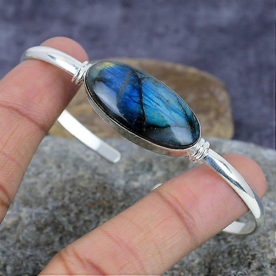 Labradorite Gemstone Handmade 925 Sterling Silver Bangle Adjustable Gift For Her
