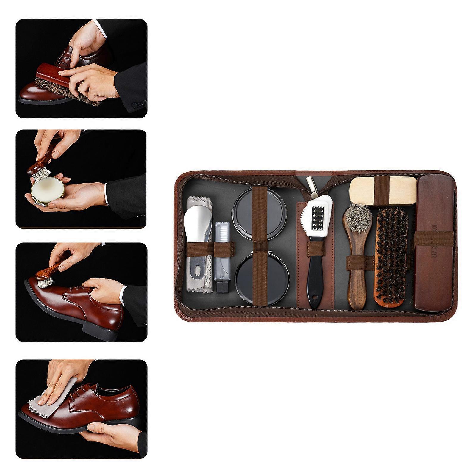 7-Piece Shoe Care Kit With Horsehair Brushes, Black & White Polish, Polishing Cloth, Shoe Horn & Storage Box