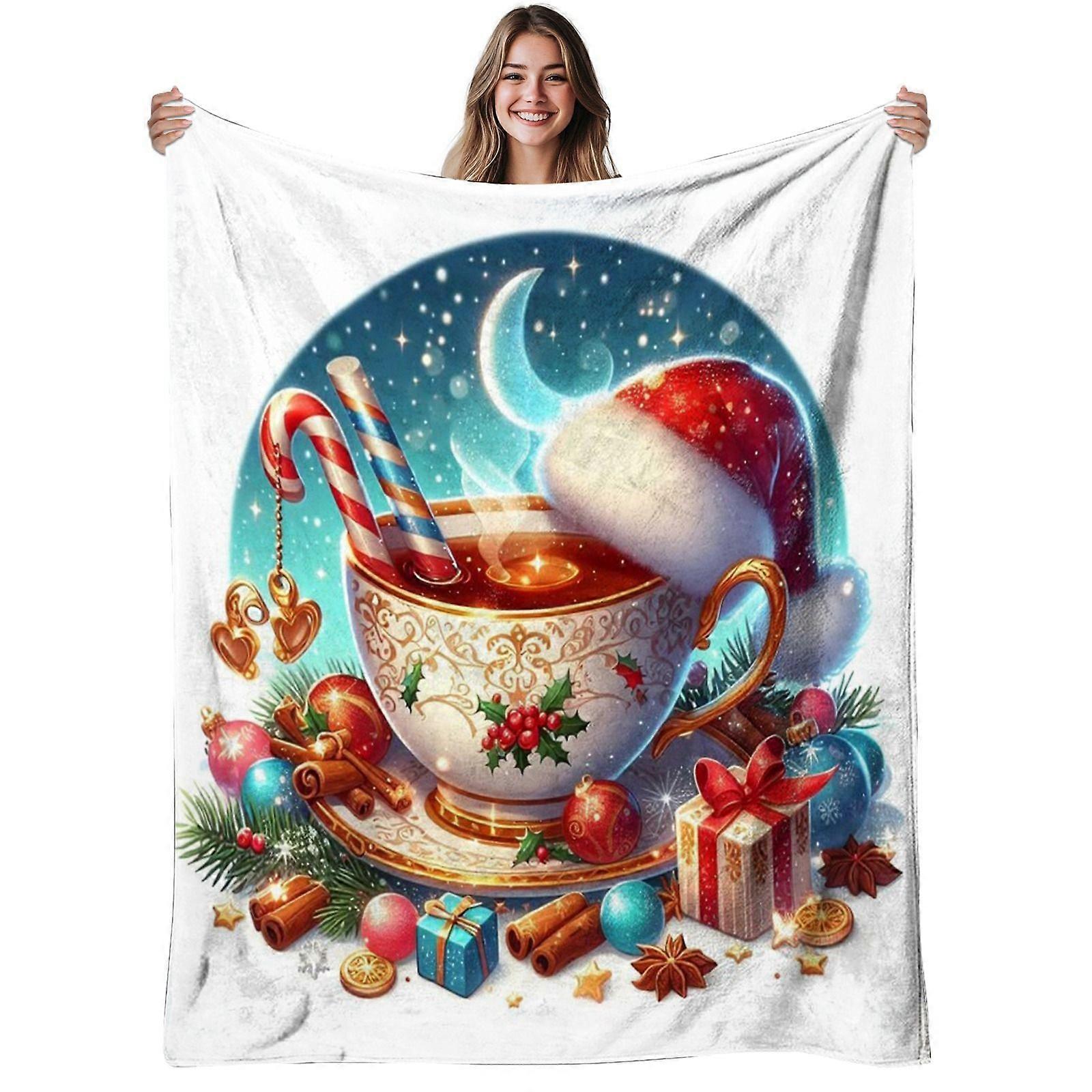 1pc Christmas Hot Cocoa Flannel Blanket | Soft, Warm, Festive Holiday Design, Polyester, 280gsm, All-Season Use, Ideal f-mnbvc152