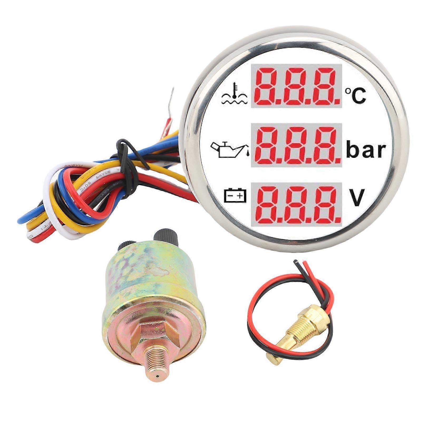 Engine Gauge Kit 3 in 1 Coolant Temp Oil Pressure Voltmeter 52mm for Car Boat RV Truck White Dial