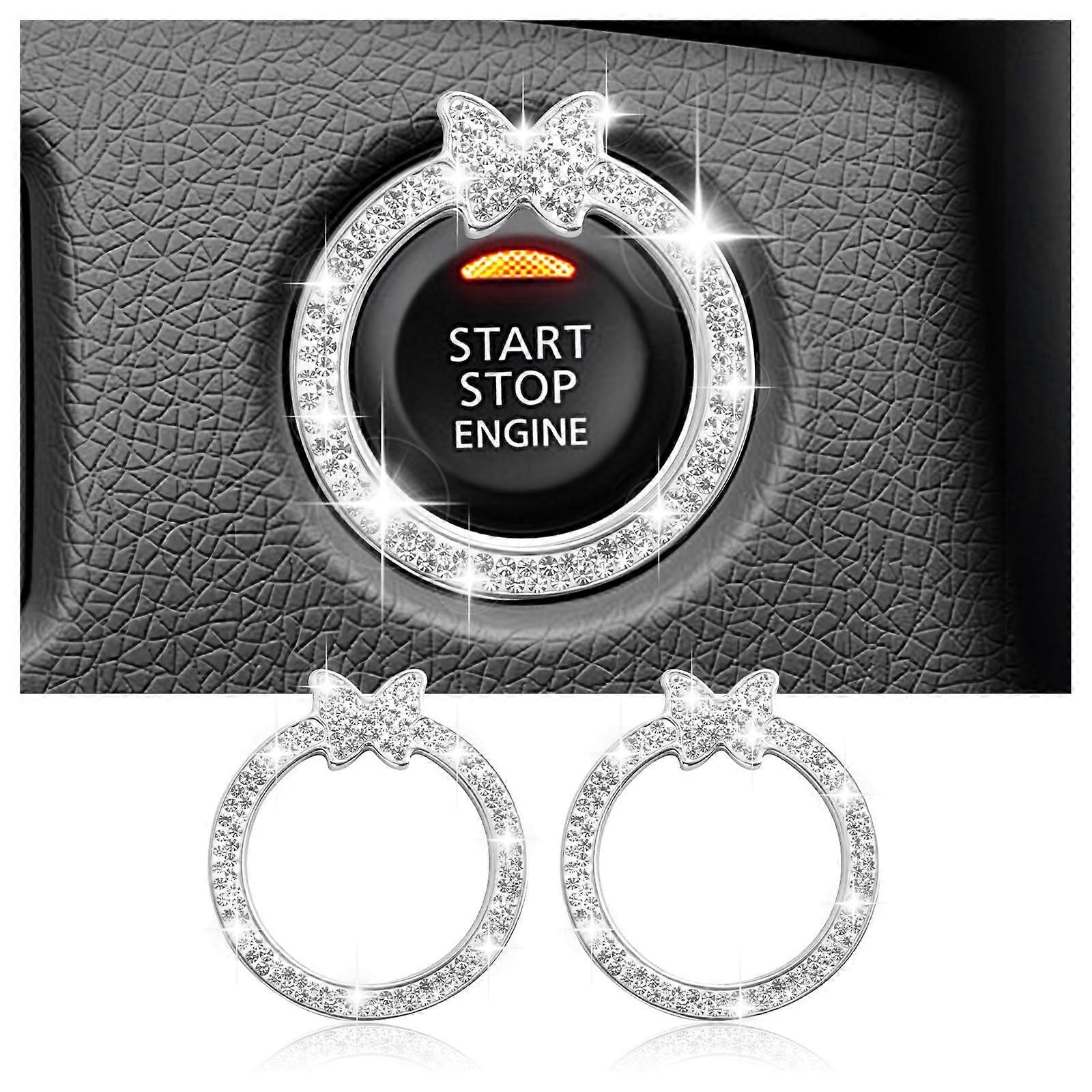 2PCS Butterfly Bling Car Push Start Button Cover with Rhinestones, Zinc Alloy ScratchResistant Protector for Women