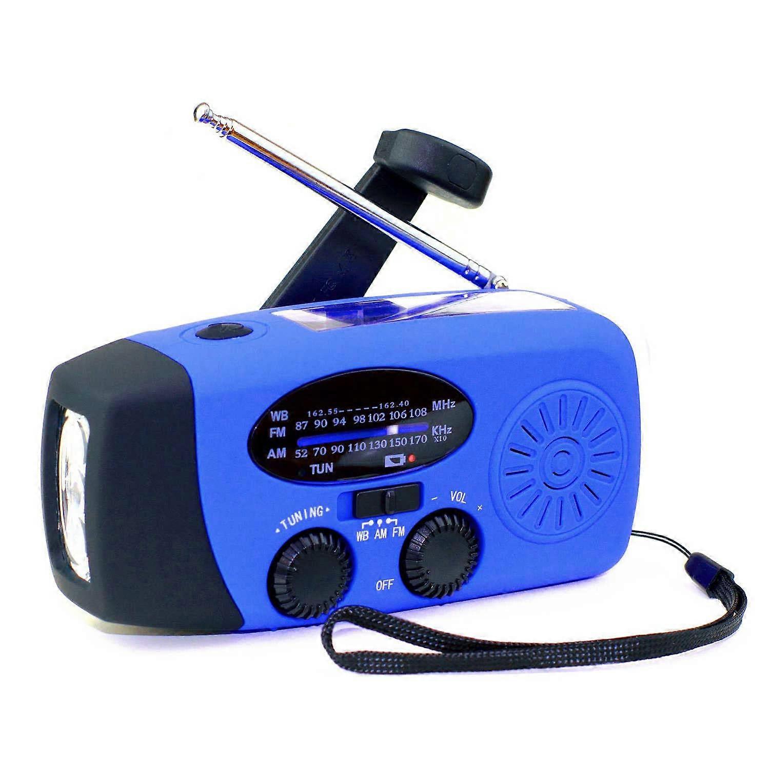 Emergency Weather Radio AM FM NOAA Solar Hand Crank with LED Flashlight and Phone Charger Blue