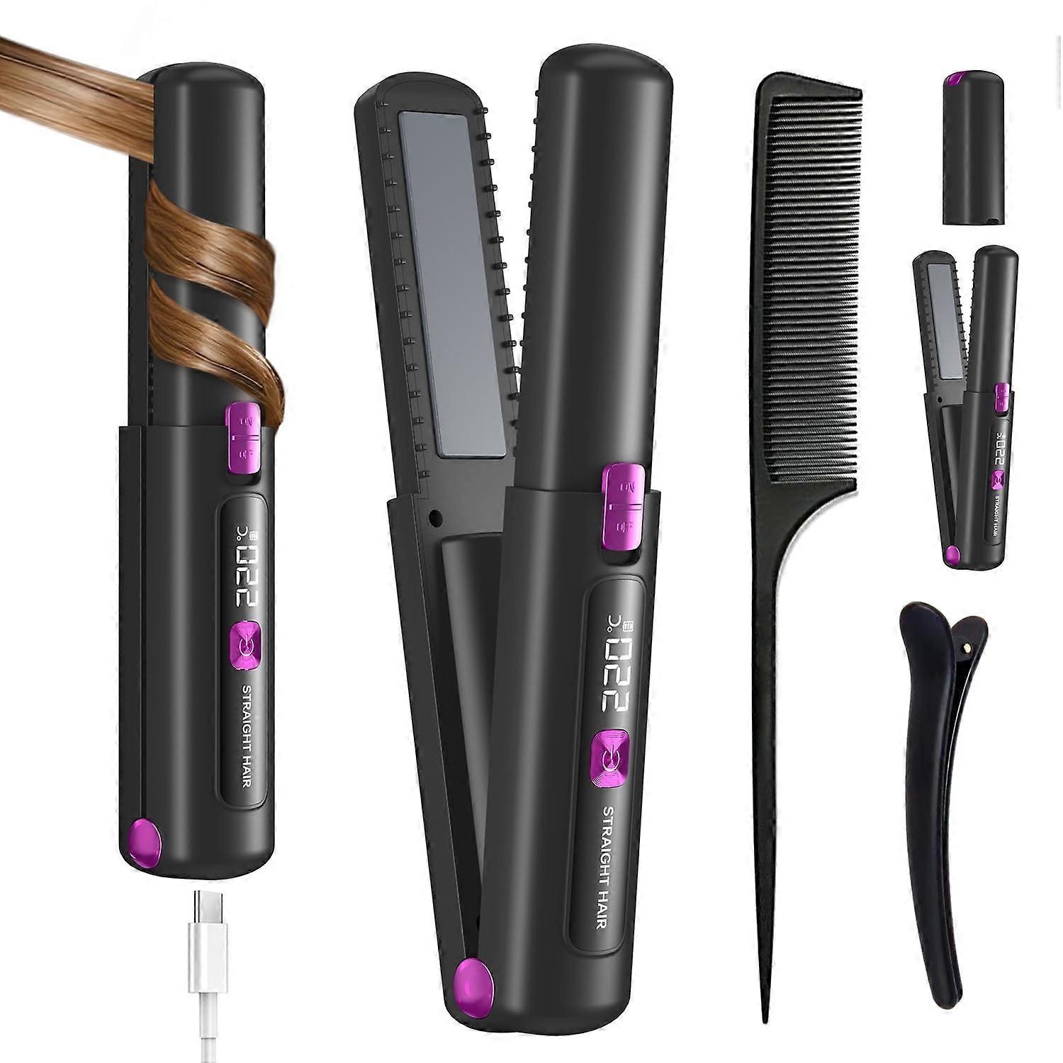 Cordless Ceramic Hair Straightener with LCD Display, USB Rechargeable 2 in 1 Curler, Travel Mini Flat Iron