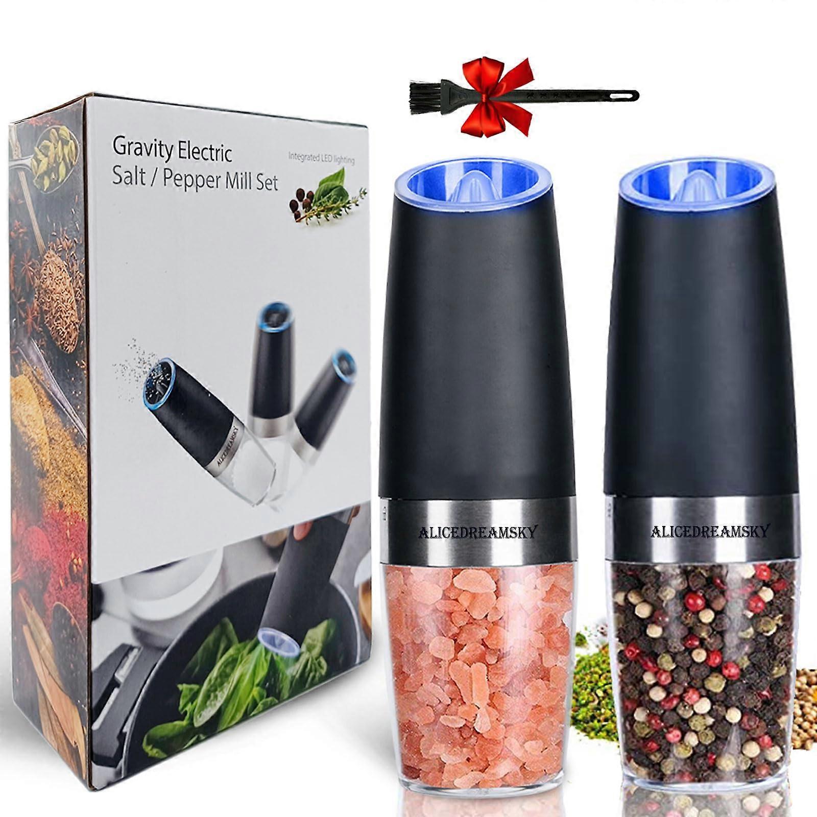 2 Pack Electric Salt and Pepper Grinder Set with Gravity Sensor, Adjustable Coarseness, LED Light, Black