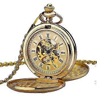 Steampunk herenhorloge, mechanisch uurwerk met skeletontwerp, koperen versteviging, gouden dubbele deksel, retro, 26 inch.