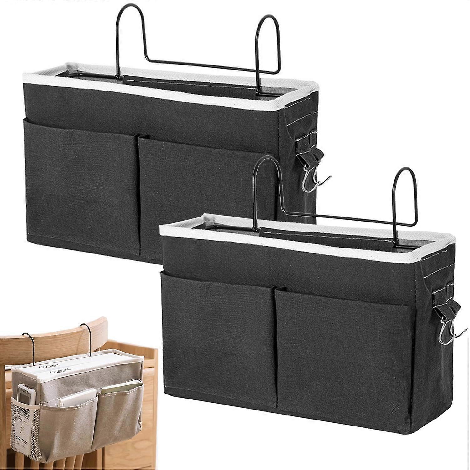 Bedside Storage Organizer 2 Pack with Large Pockets, Waterproof Linen, Hooks for Dorm and Bedroom